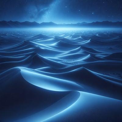 The primary subject of the image is a blue, swirling, and glowing landscape. The setting is a vast, open space with a starry night sky in the background. The visual style is a digital art or illustration, creating a surreal and dreamy atmosphere. The dominant colors are blue and white, with the blue hues creating a sense of depth and the white hues adding a touch of purity to the scene.